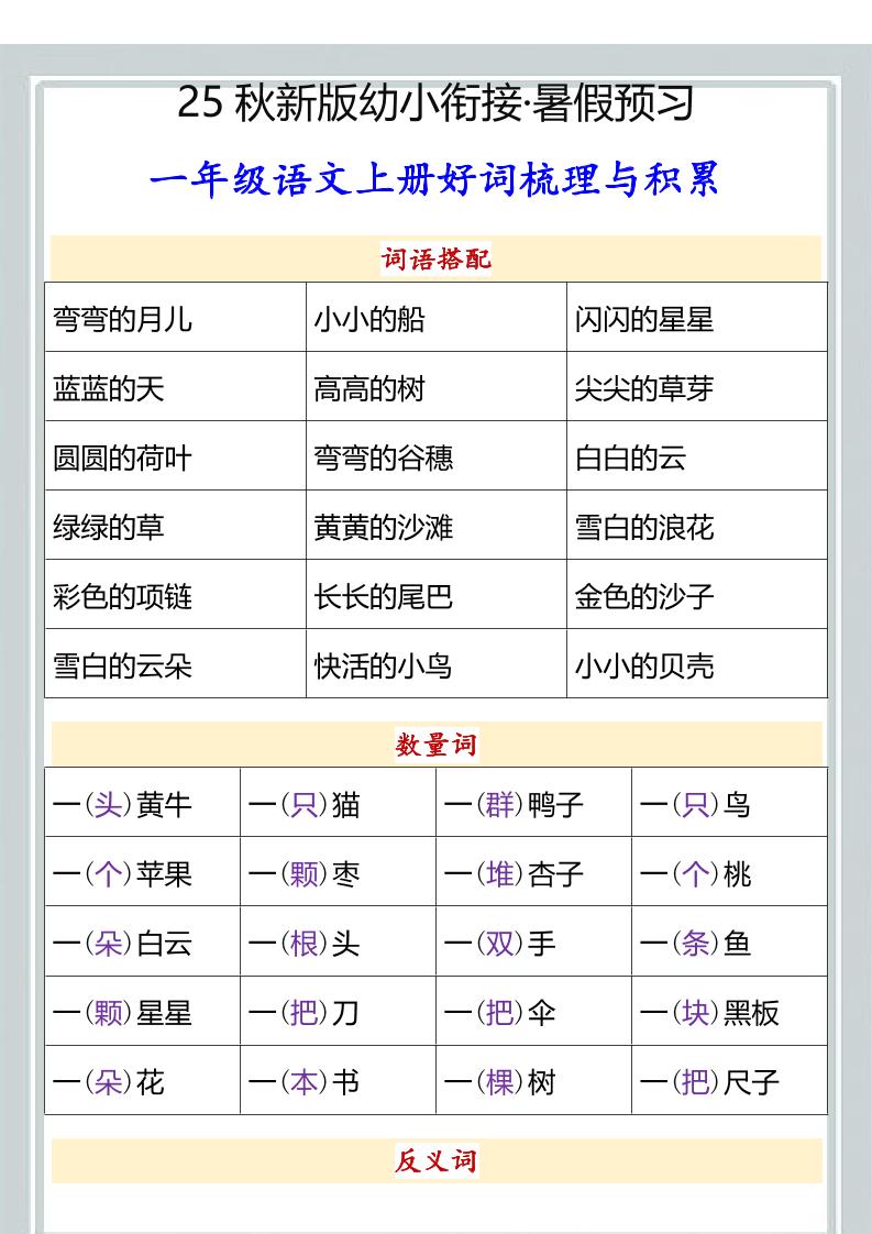 【2025秋新版】幼小衔接一年级语文上册好词梳理与积累 - 奥一学习网 WWW.AYW.CC