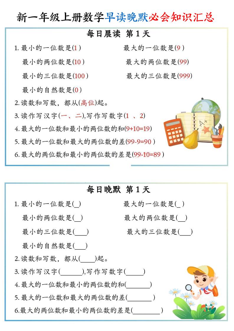 新一年级上册数学早读晚默必会知识汇总（10页） - 奥一学习网 WWW.AYW.CC