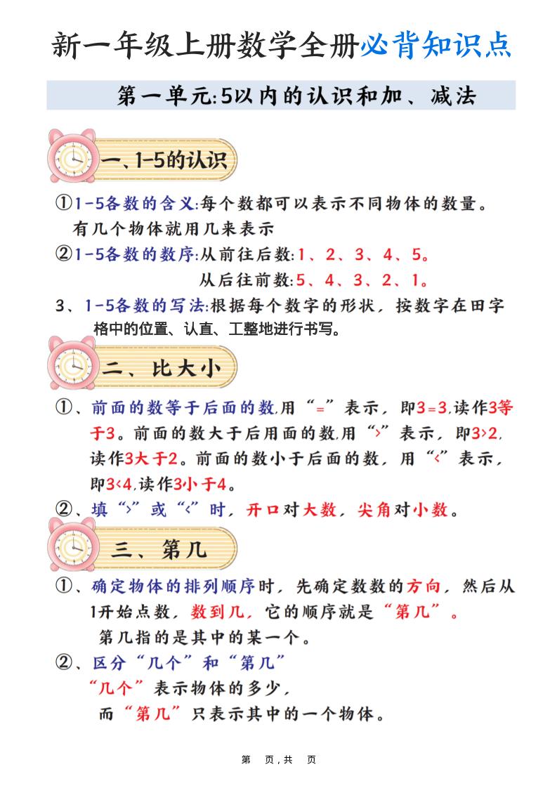 新一年级上册数学全册必背知识点笔记（8页） - 奥一学习网 WWW.AYW.CC