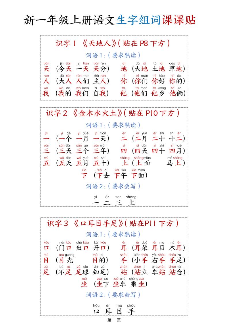 新一年级上册语文生字组词课课贴15页 - 奥一学习网 WWW.AYW.CC