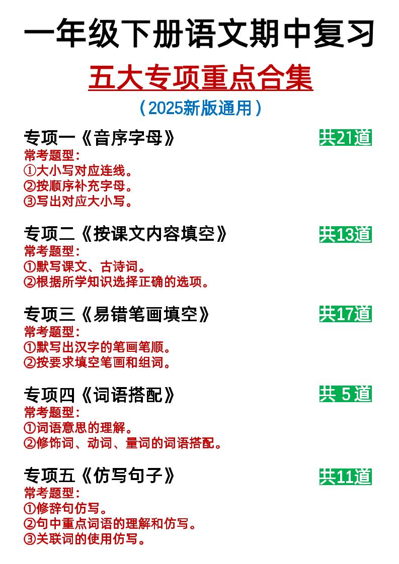 25新一年级下册语文期中复习五大专项重点合集14页 - 奥一学习网 WWW.AYW.CC