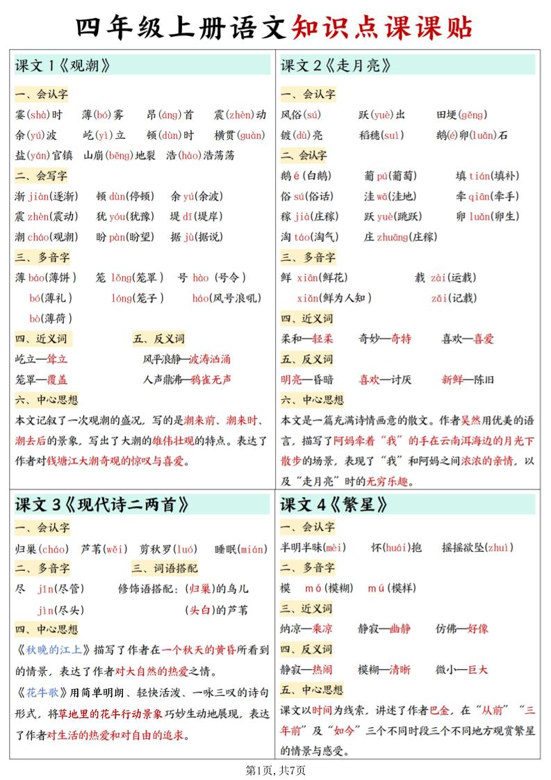 四年级上册语文知识点课课贴7页 - 奥一学习网 WWW.AYW.CC