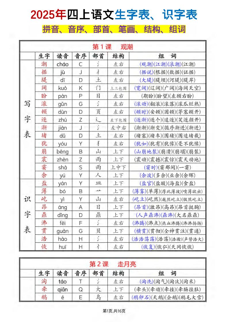 四年级上册语文《生字组词课课贴》（25秋） - 奥一学习网 WWW.AYW.CC