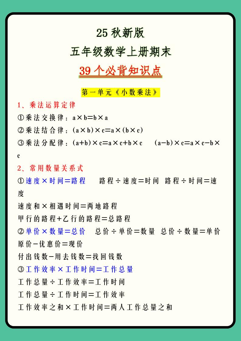 【2025秋新版】五年级数学上册期末39个必背知识点 - 奥一学习网 WWW.AYW.CC