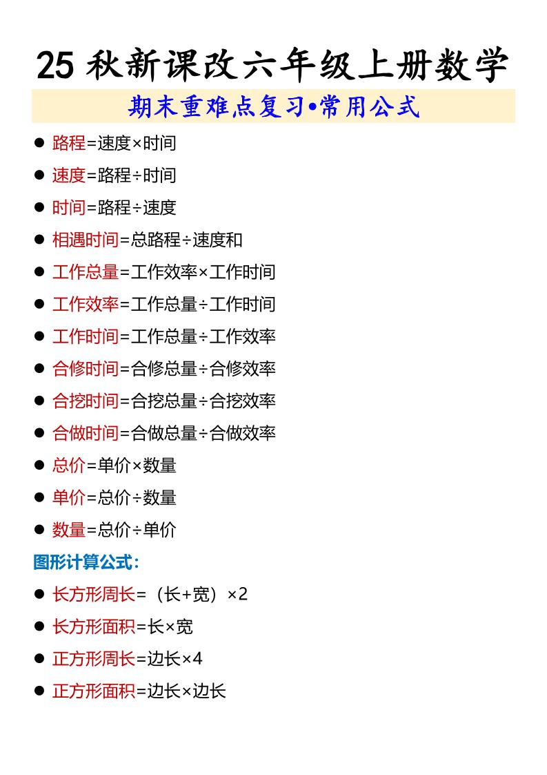 【2025秋新版】六年级上册数学期末重难点复习•常用公式 - 奥一学习网 WWW.AYW.CC