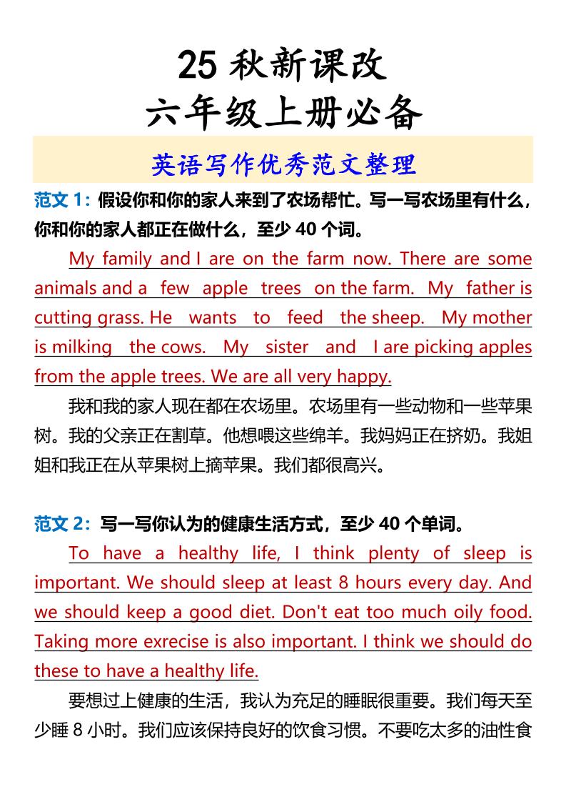 【2025秋新版】六年级上册必备英语写作优秀范文整理 - 奥一学习网 WWW.AYW.CC