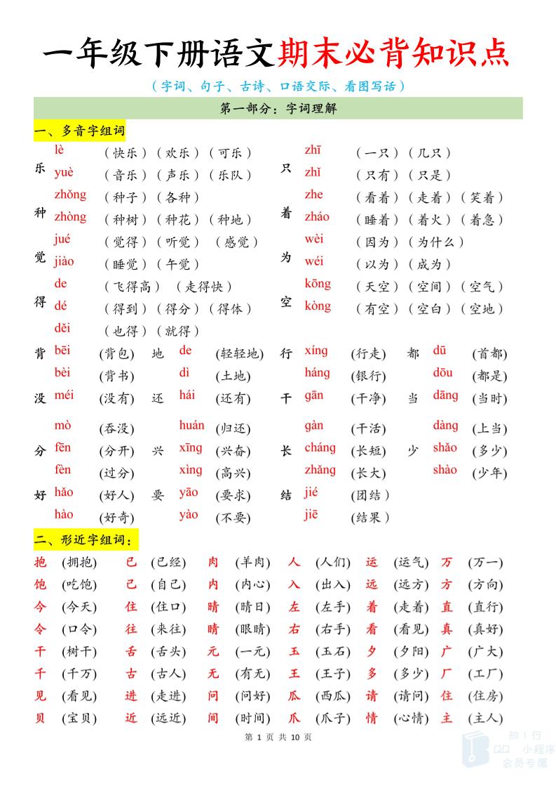 新一年级下册语文期末必背知识点（10页） - 奥一学习网 WWW.AYW.CC