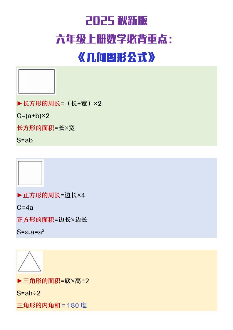 【2025秋新版】六年级上册数学必背几何图形公式大全 - 奥一学习网 WWW.AYW.CC