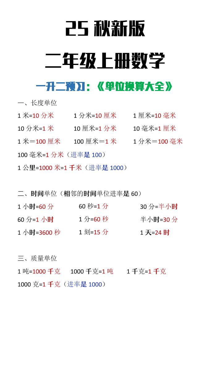 【2025秋新版】二年级上册数学单位换算大全 - 奥一学习网 WWW.AYW.CC