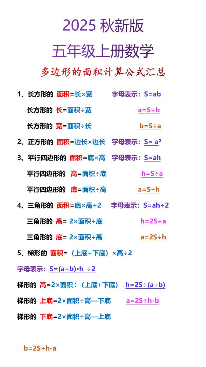 【2025秋新版】五年级上册数学多边形的面积计算公式汇总 - 奥一学习网 WWW.AYW.CC