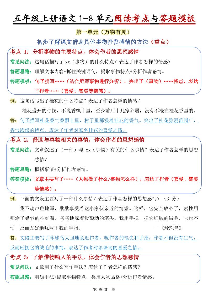 五年级上册语文1-8单元阅读考点与答题模板 - 奥一学习网 WWW.AYW.CC