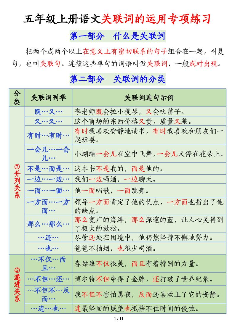 五年级上册语文关联词语的运用专项练习（11页） - 奥一学习网 WWW.AYW.CC