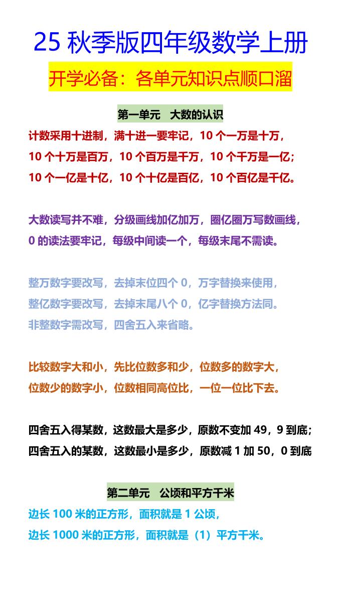 【2025秋新版】四年级数学上册开学必备：各单元知识点顺口溜 - 奥一学习网 WWW.AYW.CC