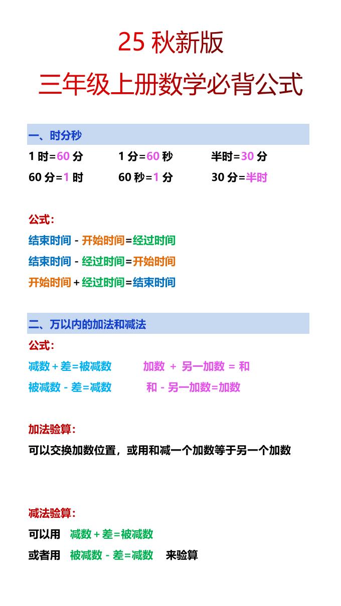 【2025秋新版】三年级上册数学必背公式 - 奥一学习网 WWW.AYW.CC