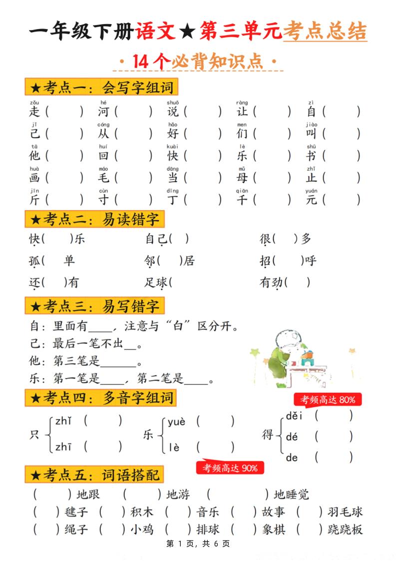 一年级下册语文第三单元考点总结（含练习6页） - 奥一学习网 WWW.AYW.CC