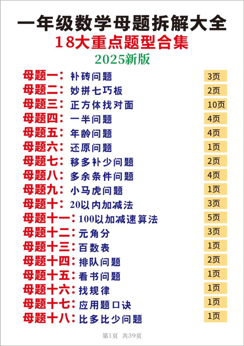 25一年级下册数学十八大母题重点题型39页 - 奥一学习网 WWW.AYW.CC