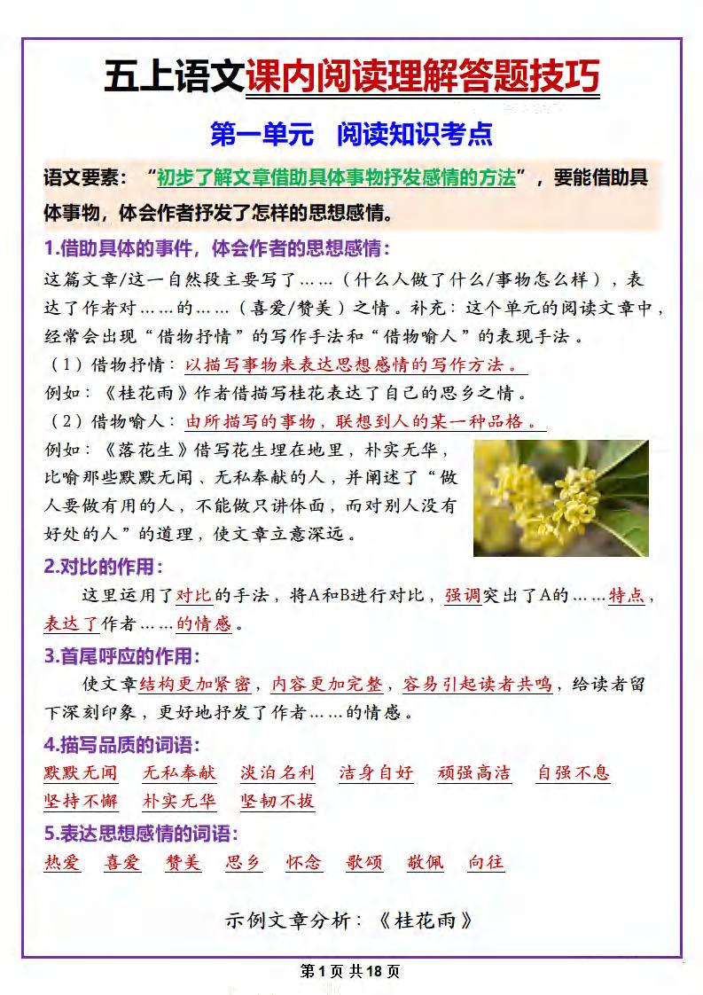 五年级上册语文课内阅读理解答题技巧 - 奥一学习网 WWW.AYW.CC