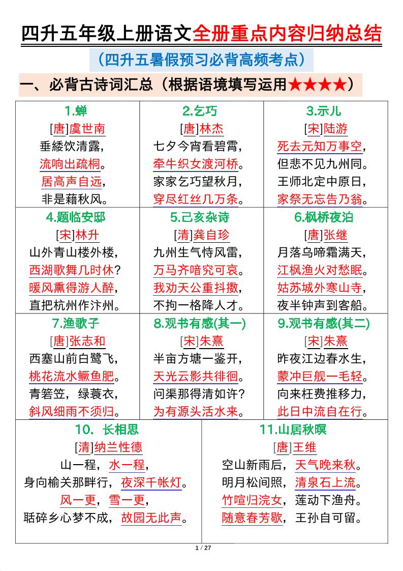 四升五年级上册语文全册重点内容归纳总结输出27页 - 奥一学习网 WWW.AYW.CC