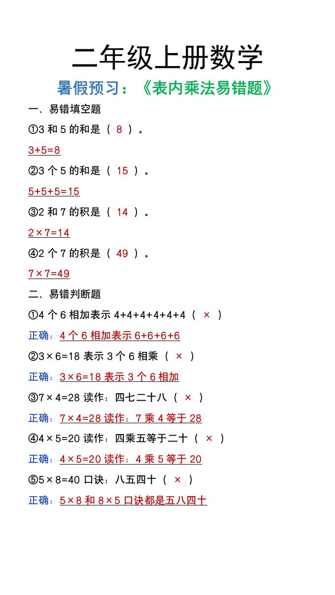 二年级上册数学暑假预习《表内乘法易错题》 - 奥一学习网 WWW.AYW.CC