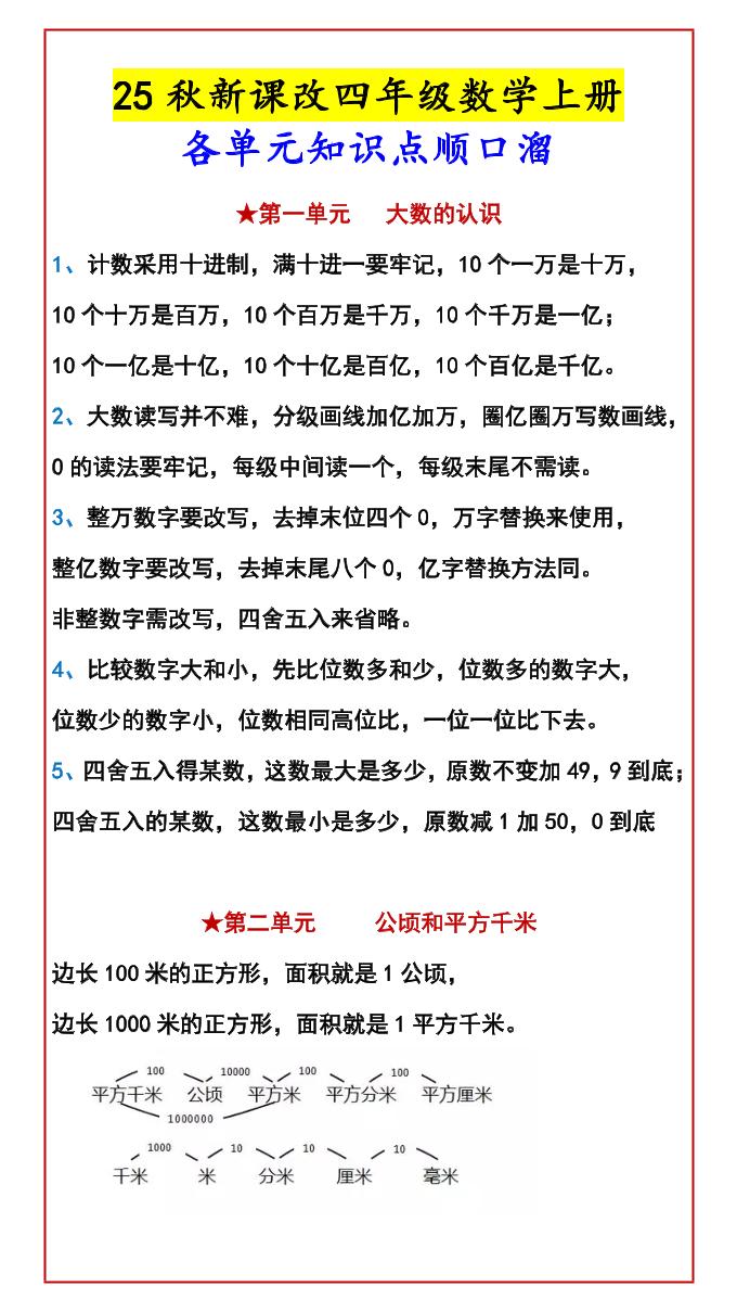 【2025秋新版】四年级数学上册各单元知识点顺口溜 - 奥一学习网 WWW.AYW.CC