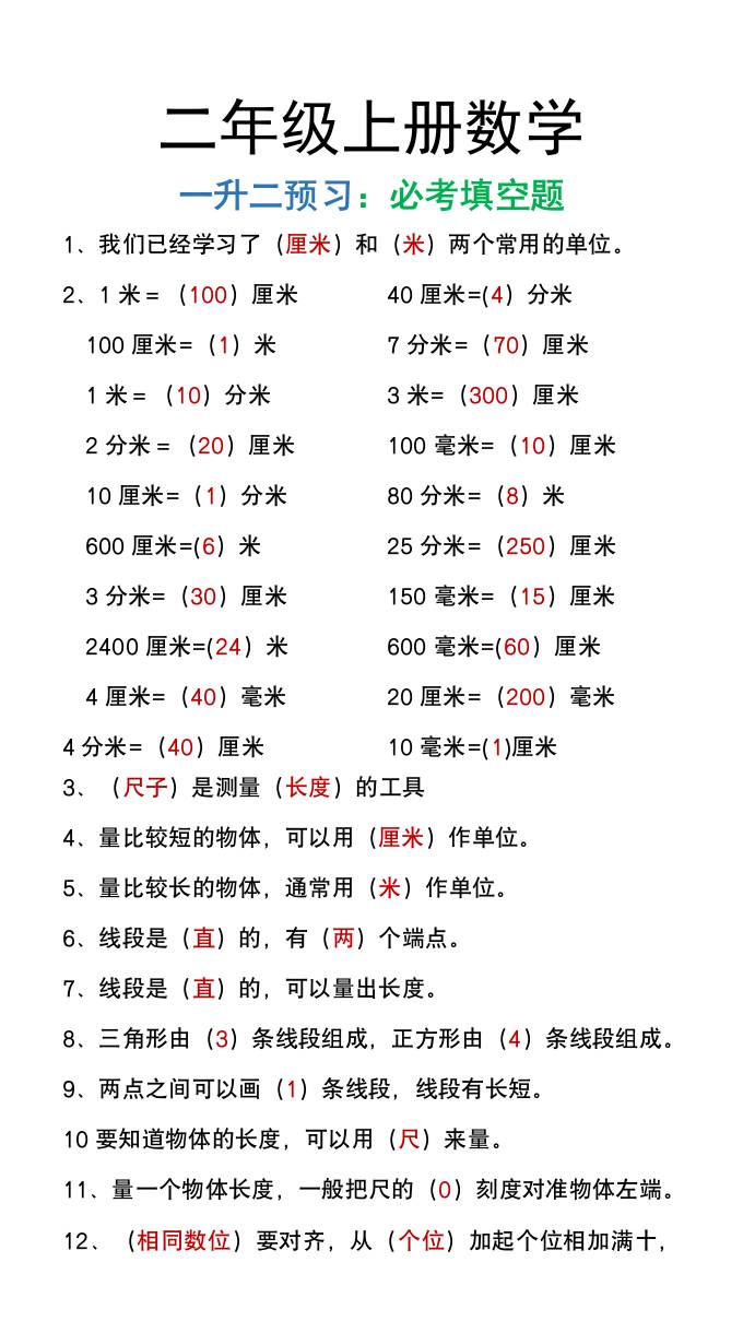 二年级上册数学暑假预习必做《重点填空题》 - 奥一学习网 WWW.AYW.CC