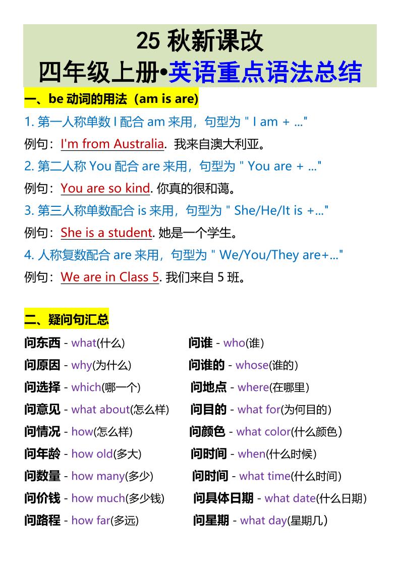 【2025秋新版】四年级上册•英语重点语法总结 - 奥一学习网 WWW.AYW.CC