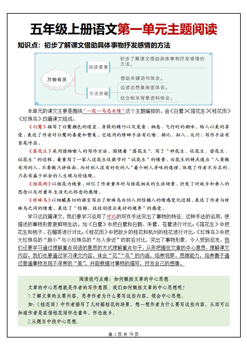五年级上册语文1-8单元主题阅读理解（含答案79页） - 奥一学习网 WWW.AYW.CC