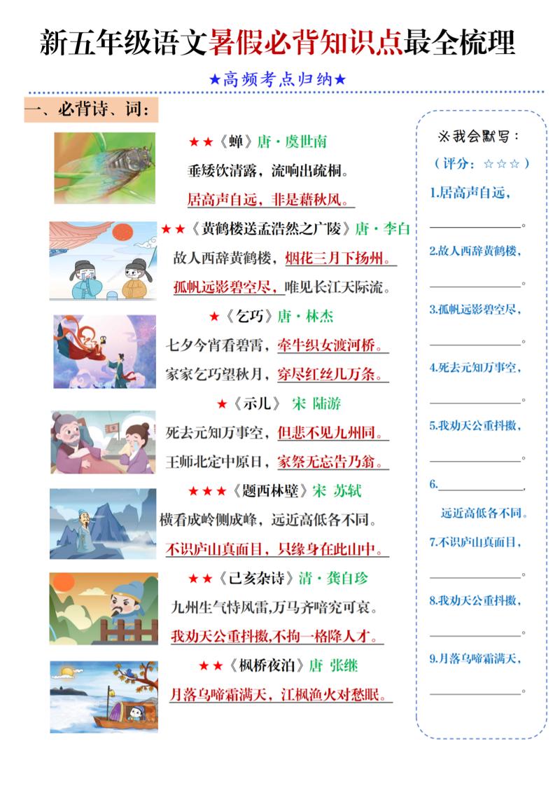 五年级语文暑假必背知识点梳理（高频考点归纳）5页-五年级上册语文 - 奥一学习网 WWW.AYW.CC