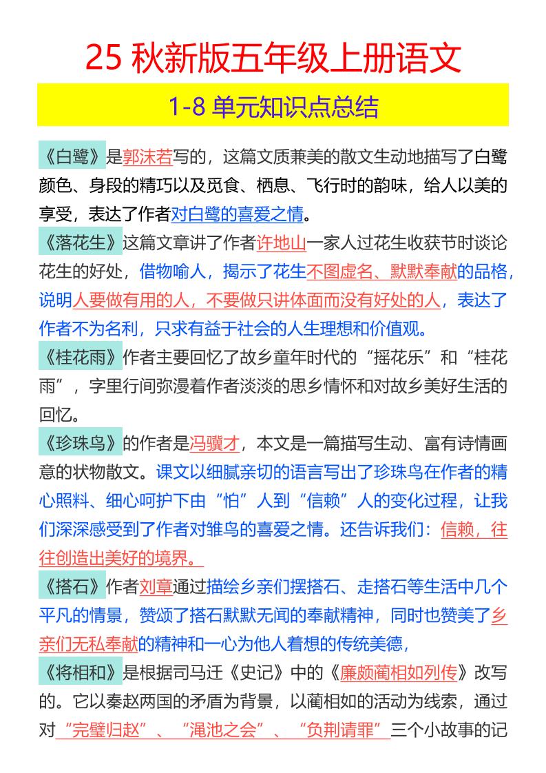 【2025秋新版】五年级上册语文1-8单元知识点总结 - 奥一学习网 WWW.AYW.CC