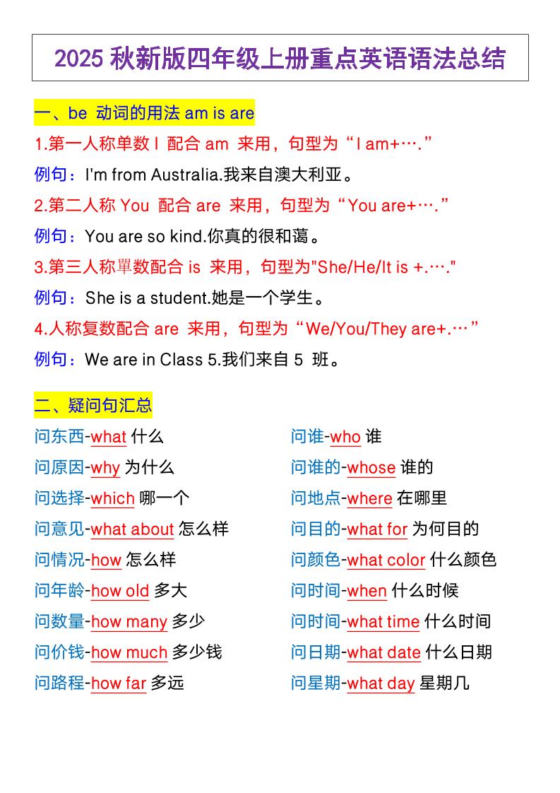 【2025秋新版】四年级上册英语，重点英语语法总结 - 奥一学习网 WWW.AYW.CC