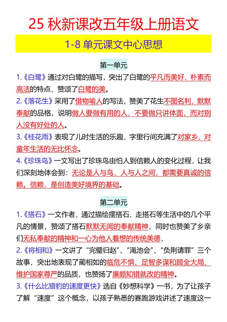【2025秋新版】五年级上册语文1-8单元课文中心思想 - 奥一学习网 WWW.AYW.CC