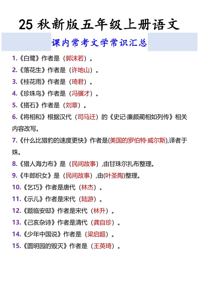 【2025秋新版】五年级上册语文课内常考文学常识汇总 - 奥一学习网 WWW.AYW.CC