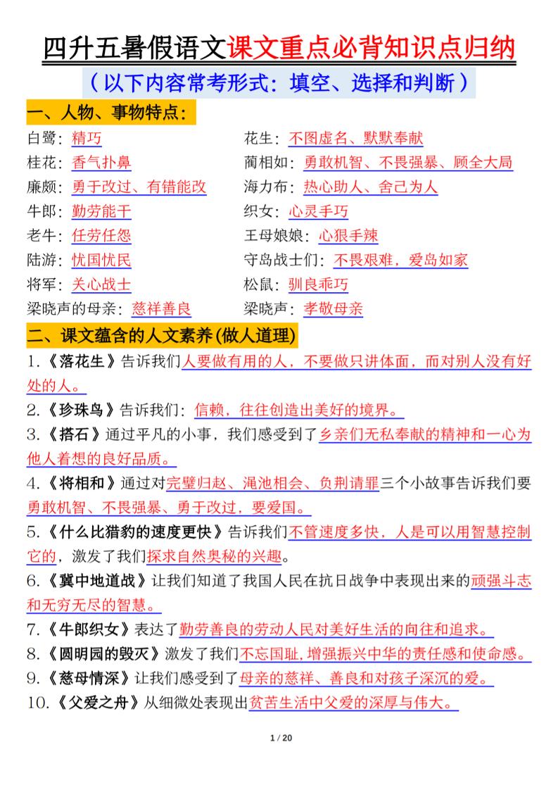四升五年级暑假语文课文重点必背知识点归纳输出（20页）-五年级上册语文 - 奥一学习网 WWW.AYW.CC