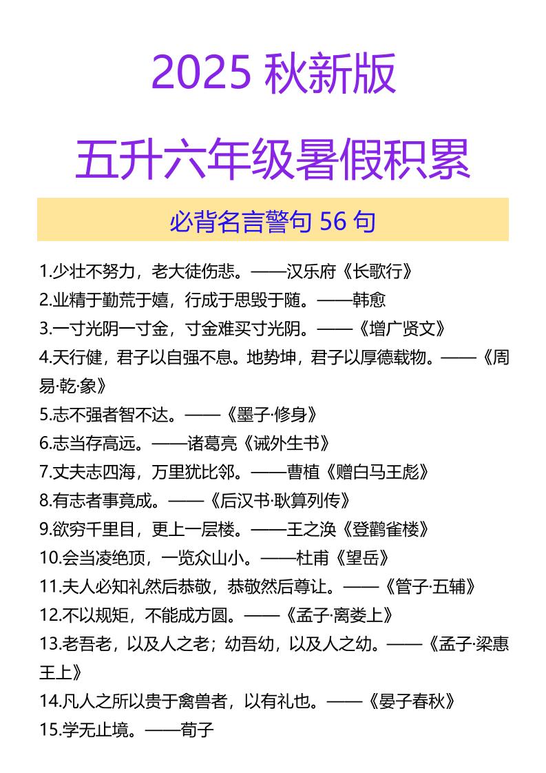 【2025秋新版】五升六年级暑假积累必背名言警句56句-六年级上册语文 - 奥一学习网 WWW.AYW.CC