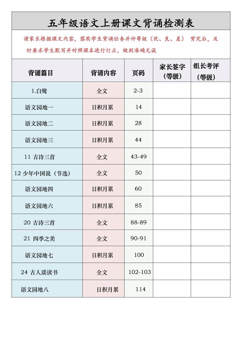 五年级语文上册课文背诵检测表 - 奥一学习网 WWW.AYW.CC
