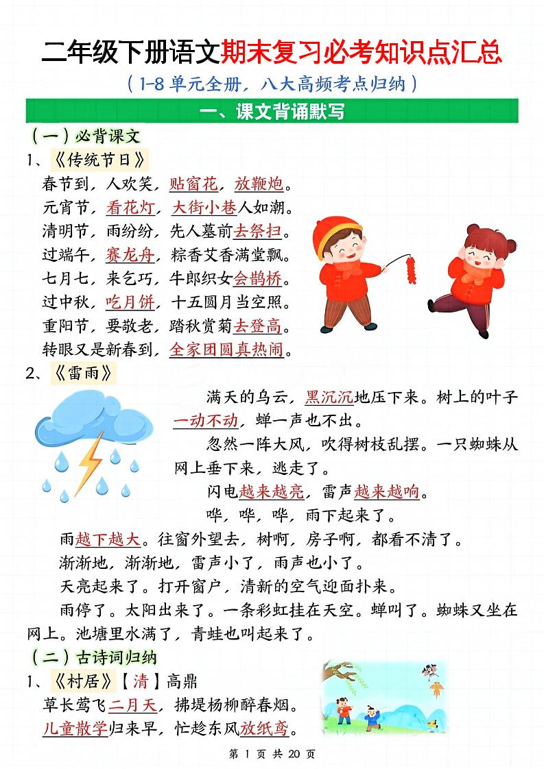 二年级下册语文期末复习全册必考知识点汇总（八大高频考点归纳）20页 - 奥一学习网 WWW.AYW.CC