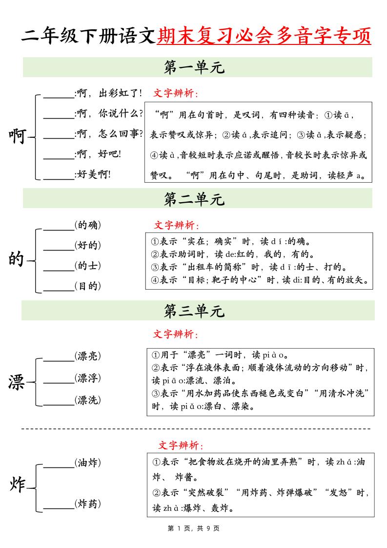 二年级下册语文期末复习必会多音字专项练习（9页） - 奥一学习网 WWW.AYW.CC