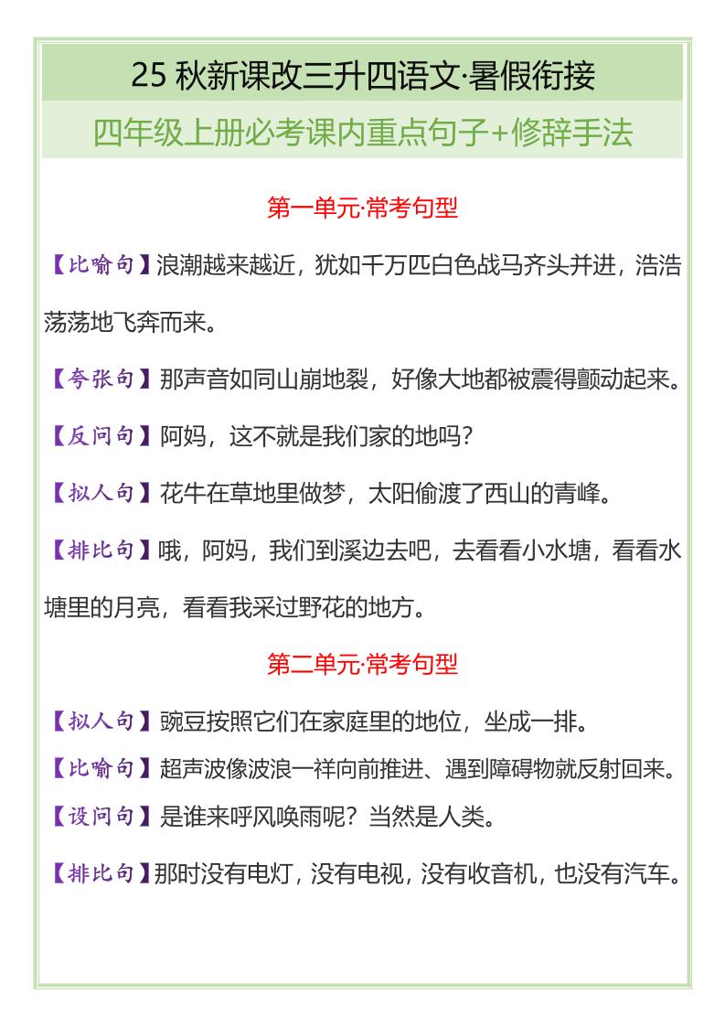 【2025秋新版】四年级上册语文必考课内重点句子+修辞手法 - 奥一学习网 WWW.AYW.CC