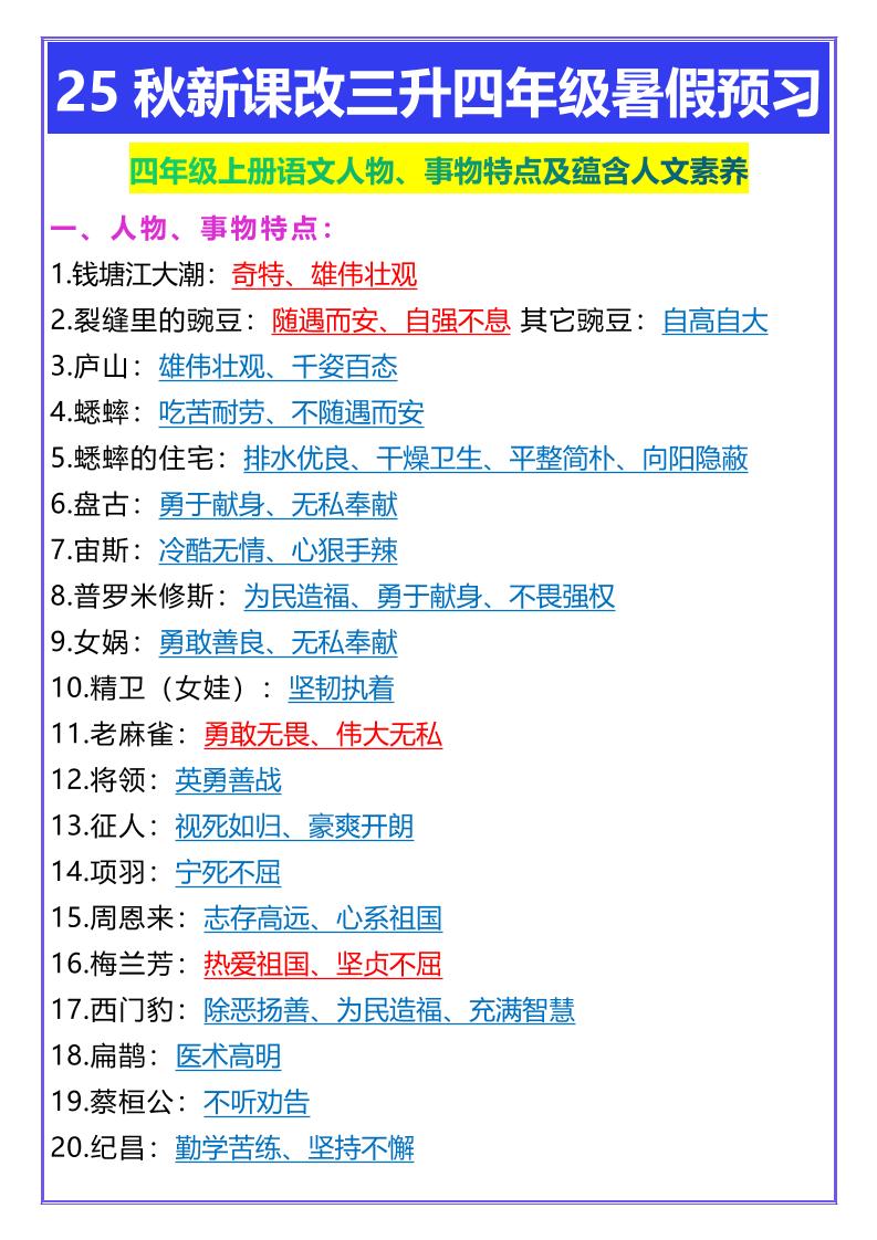 【2025秋新版】四年级上册语文人物、事物特点及蕴含人文素养 - 奥一学习网 WWW.AYW.CC