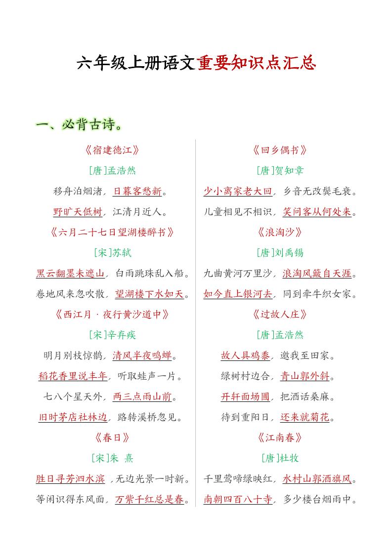 六年级语文上册全册重点知识点汇总 - 奥一学习网 WWW.AYW.CC