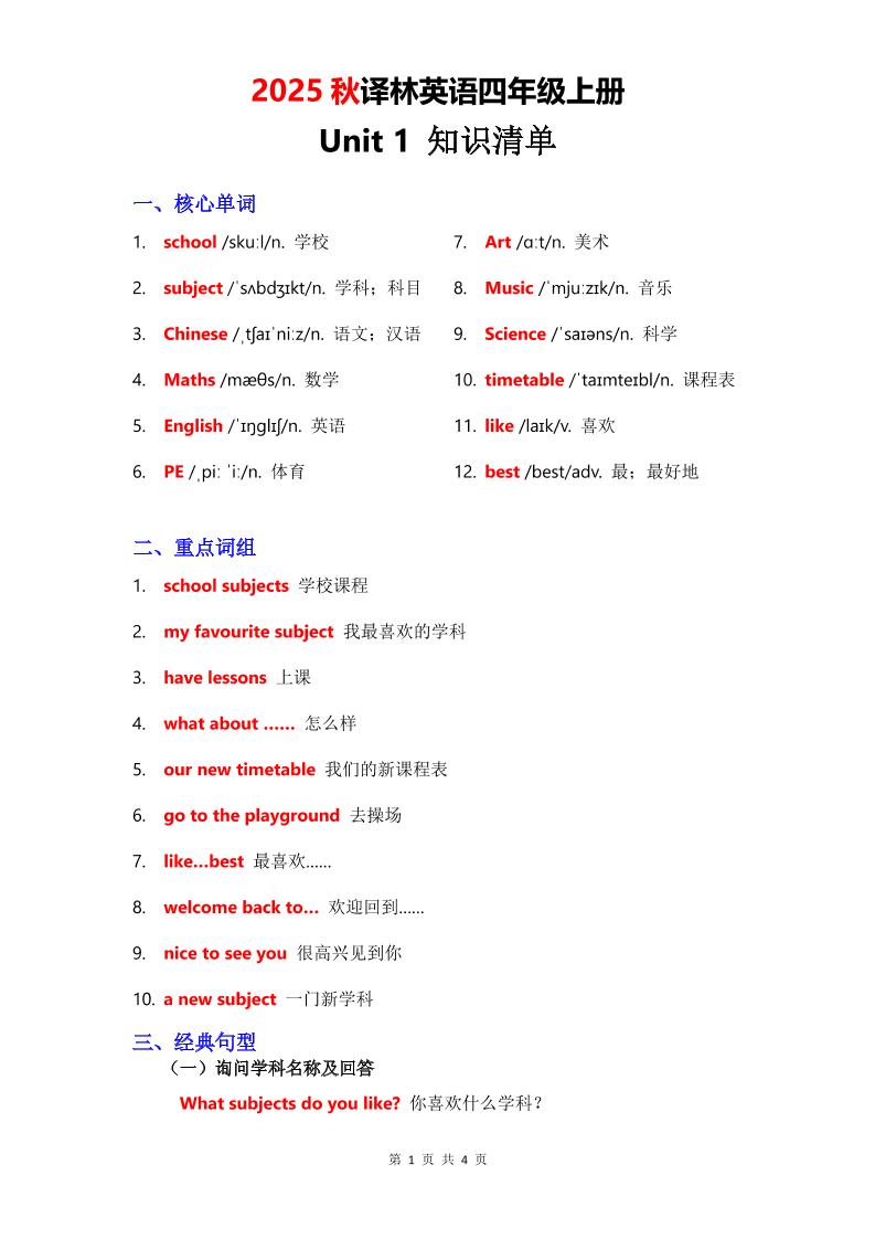 2025秋译林英语四年级上册Unit1知识清单 - 奥一学习网 WWW.AYW.CC