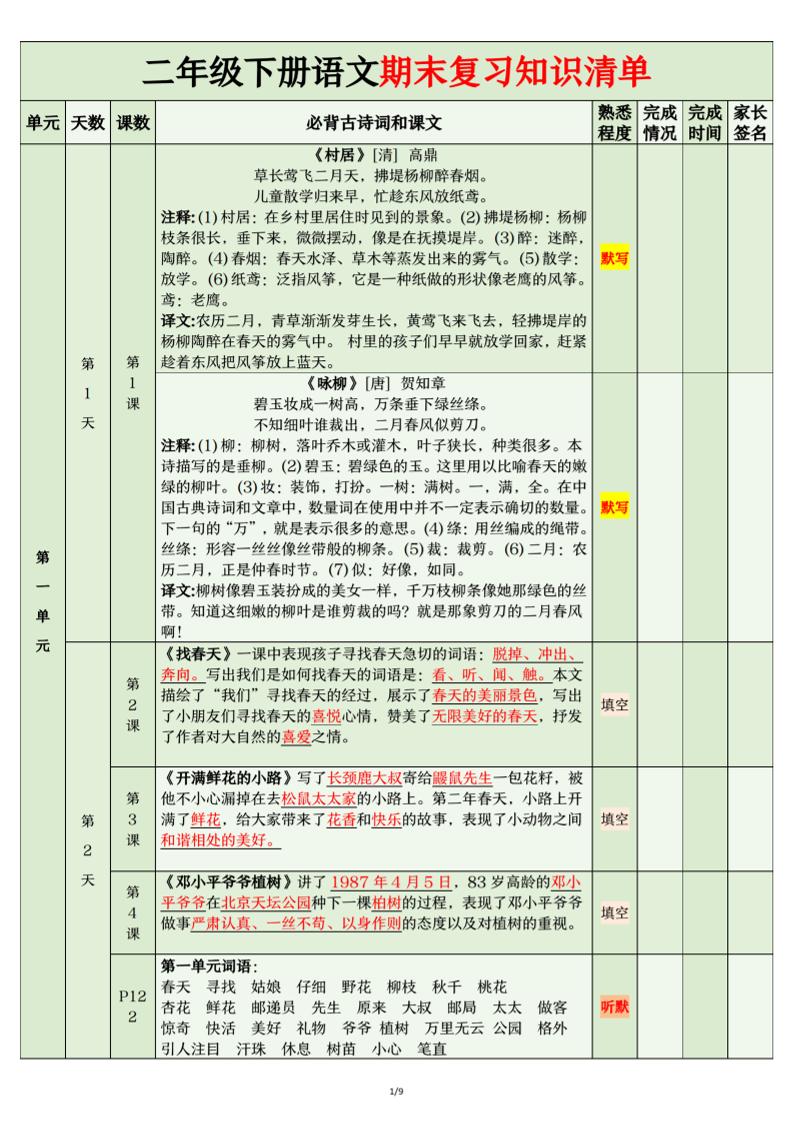 二年级下语文期末复习计划清单 - 奥一学习网 WWW.AYW.CC