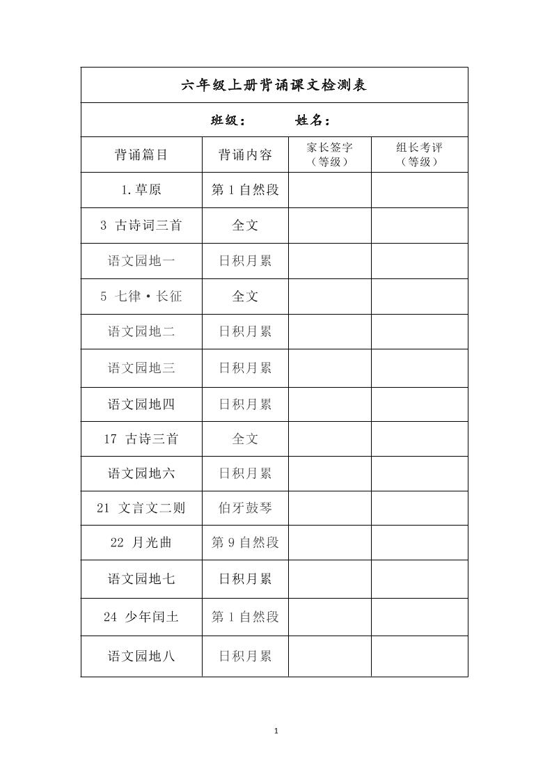 六年级上册背诵课文检测表及内容-语文 - 奥一学习网 WWW.AYW.CC