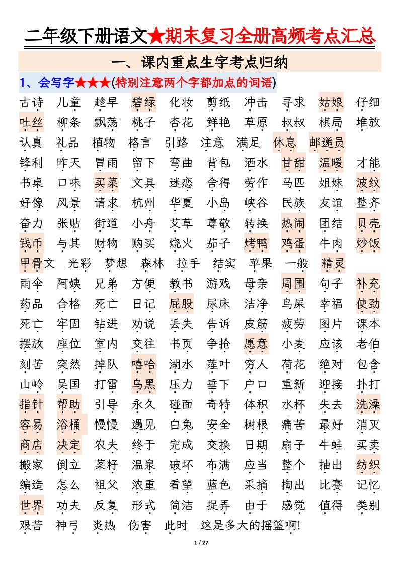 【期末复习全册高频考点必考知识点汇总（27页）】二年级下册语文 - 奥一学习网 WWW.AYW.CC