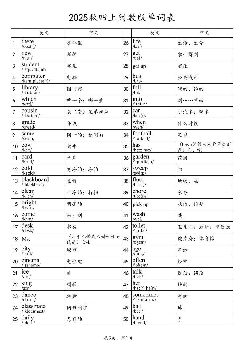 2025秋四年级上册英语闽教版单词表 - 奥一学习网 WWW.AYW.CC