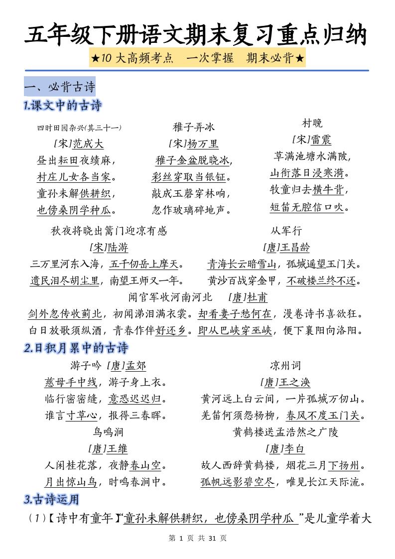 五年级下册语文语文期末复习重点归纳 - 奥一学习网 WWW.AYW.CC