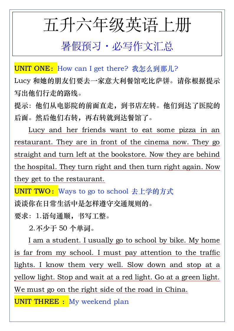 五升六年级英语上册暑假预习·必写作文汇总-六年级上册英语 - 奥一学习网 WWW.AYW.CC