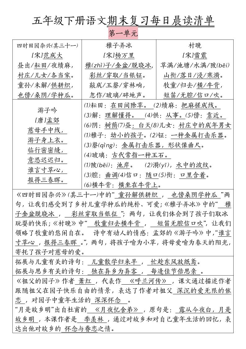 五年级下册语文期末复习每日晨读清单 - 奥一学习网 WWW.AYW.CC