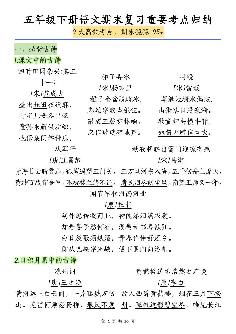 五年级下册语文【期末复习重要考点归纳（9大高频考点）】 - 奥一学习网 WWW.AYW.CC