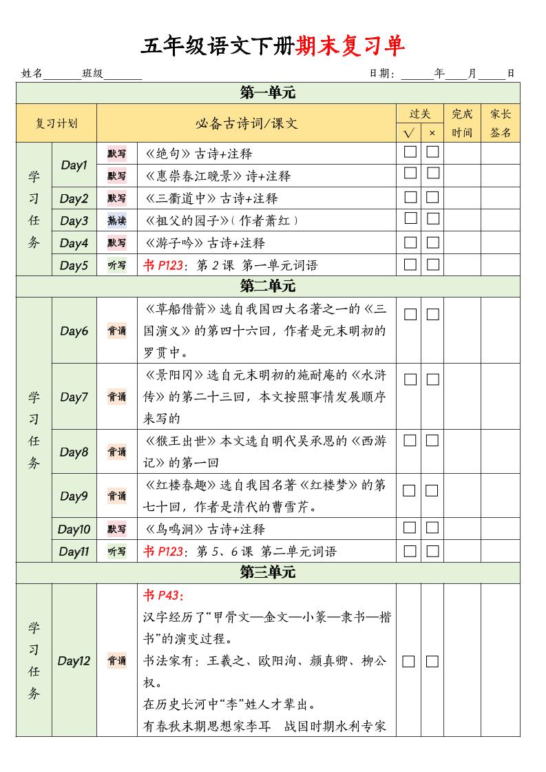 五年级下册语文期末复习单 - 奥一学习网 WWW.AYW.CC
